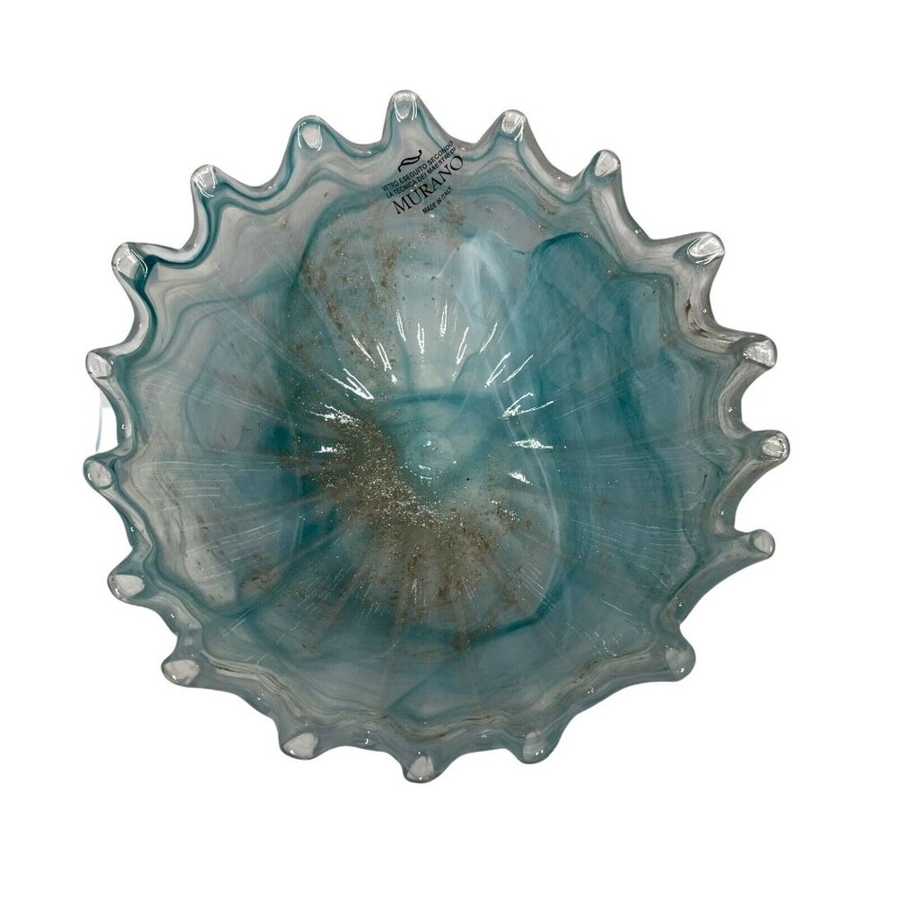 Murano Art Glass Wave Bowl Light Blue 24k Gold Flecked 8.5” Scalloped Edge MCM - Picture 2 of 8
